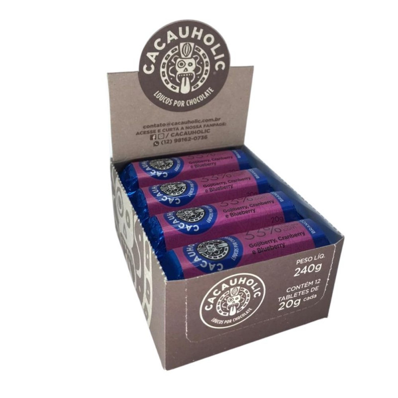 Tablete de Chocolate CacauHolic Branco 33% com Gojiberry, Cranberry e Blueberry - 20g Caixa com 12 unidades